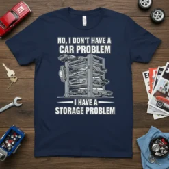 T-shirt with text "NO, I DON'T HAVE A CAR PROBLEM I HAVE A STORAGE PROBLEM" above a graphic of a