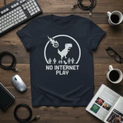 Pixel art t-shirt with "NO INTERNET PLAY" text, featuring a dinosaur and a meteor graphic