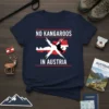 Navy t-shirt with white text "NO KANGAROOS IN AUSTRIA" and a graphic of Austria with a kangaroo crossing out the