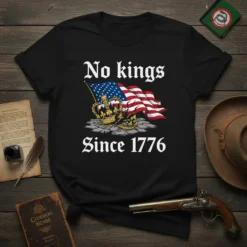 Black t-shirt with "No kings Since 1776" text, an American flag, and two crowns on stones