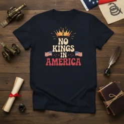No Kings In America text with crown and US flags graphic on a navy t-shirt