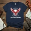 Navy t-shirt with a red eagle breaking chains graphic and "NO LONGER BOUND" text, representing freedom and independence