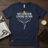 Christian t-shirt with "NO LONGER LIVING IN SIN" text, a broken chain, and flying doves under a cross symbol
