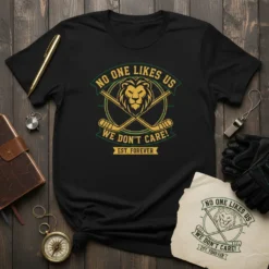 Hockey t-shirt with "NO ONE LIKES US WE DON'T CARE! EST. FOREVER" text and a lion graphic with crossed hockey