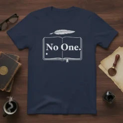 Navy blue t-shirt with "No One." text inside an open book graphic and a feather on top