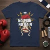 No Pain No Gain text with a red boxing glove wrapped in bandages and a crown, set against yellow lightning