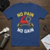 No Pain No Gain workout quote t-shirt with a flexed arm, barbell, and gear graphic