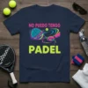 Navy t-shirt with "NO PUEDO TENGO PADEL" in pink and lime green, featuring a colorful graphic of a hand holding