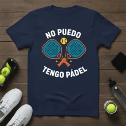 No Puedo Tengo Pádel text with crossed padel rackets and ball graphic on a navy t-shirt