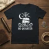 Black t-shirt with "No Quarter" text, pirate skull, ship, and moon graphic