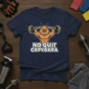 Muscular capybara lifting weights with "No Quit Capybara" text, navy blue t-shirt, gym motivation graphic
