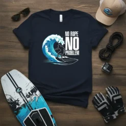 No Rope No Problem wakeboarding design with a surfer on a boat against a large wave