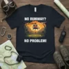 No Runway? No Problem! text with helicopter rescue graphic on a navy t-shirt
