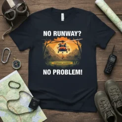 No Runway? No Problem! text with helicopter rescue graphic on a navy t-shirt