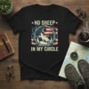 No Sheep In My Circle patriotic wolf graphic t-shirt with American flag and barbed wire elements
