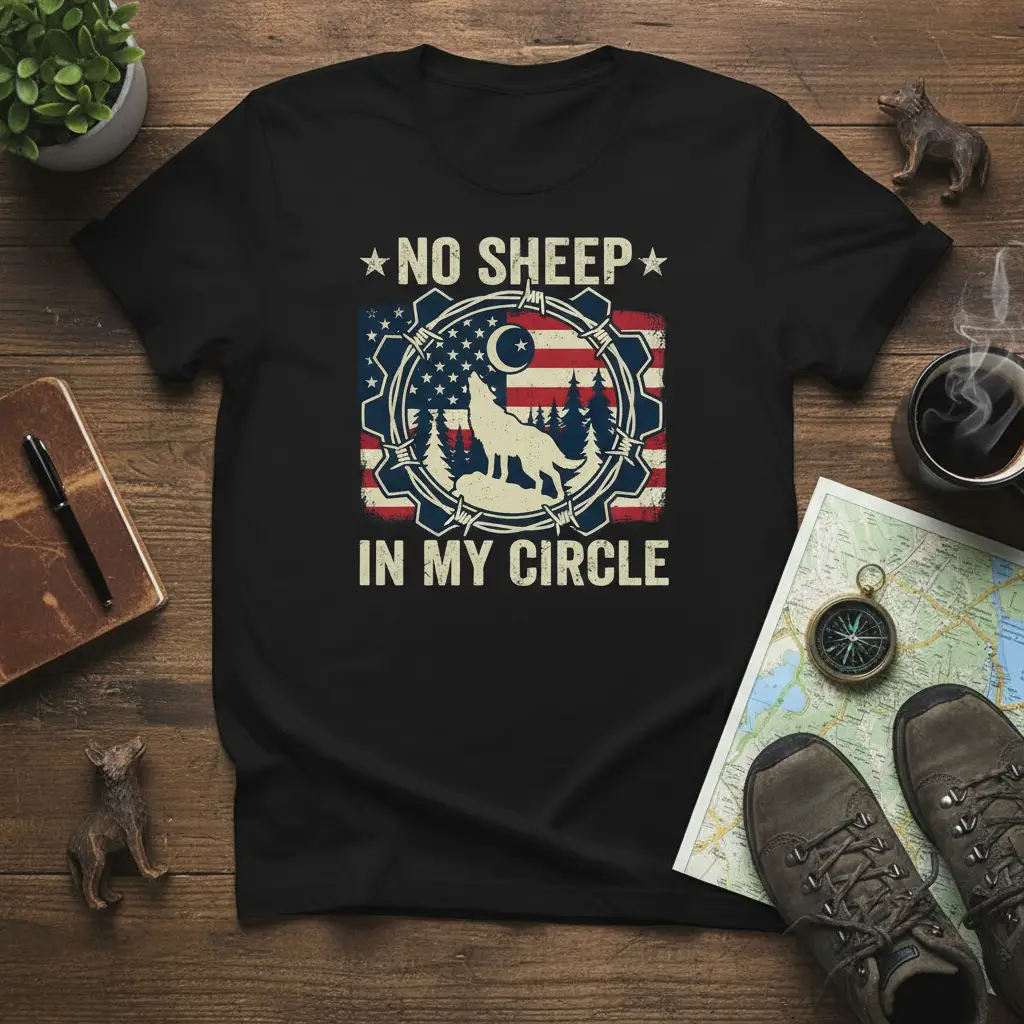 No Sheep In My Circle patriotic wolf design on a black t-shirt with American flag and gear elements