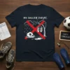 No Soccer Today t-shirt with graphic of soccer ball in mud and shoes hanging from tree under red X and