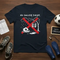 No Soccer Today t-shirt with graphic of soccer ball in mud and shoes hanging from tree under red X and