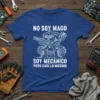 Blue t-shirt with Spanish text "No Soy Mago Soy Mecánico Pero Casi Lo Musimo" and a robot mechanic graphic