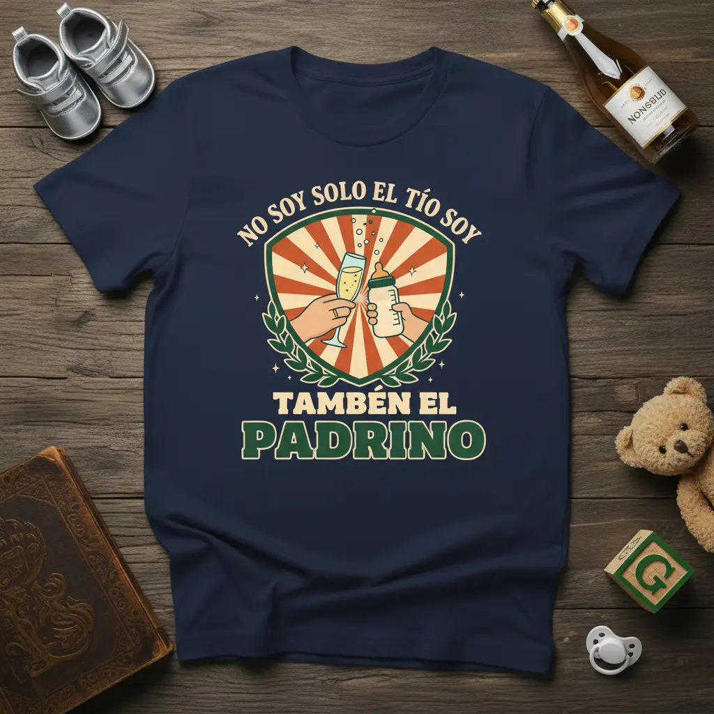 NO SOY SOLO EL TÍO SOY TAMBÉN EL PADRINO Spanish phrase with celebratory graphics on a navy tee