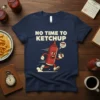 No Time To Ketchup funny food pun t-shirt design featuring a running ketchup bottle with a stopwatch and calendar icon