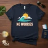 No Worries text with a stylized ocean wave and sun graphic on a navy blue t-shirt, perfect for beach and