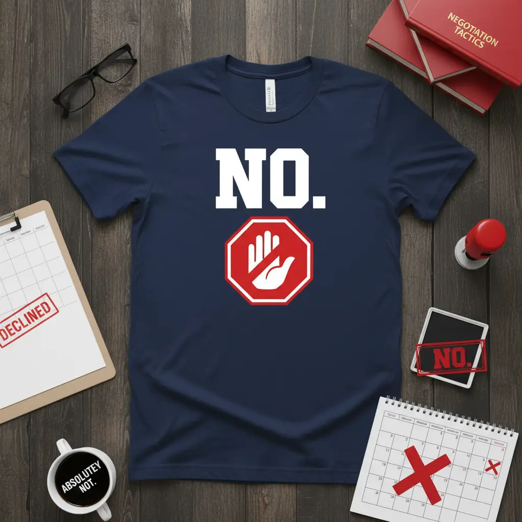 Bold NO. text and red stop sign graphic on a navy blue t-shirt design