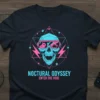 Nocturnal Odyssey Enter The Void t-shirt with a neon cyberpunk skull graphic, VR headset, lightning bolts, and stars