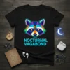 Geometric raccoon face with text "NOCTURNAL VAGABOND" on a black t-shirt