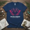Navy blue t-shirt featuring a vibrant moth with antlers and bats, with text "Nocturnal Wanderer Child of the Cosmos"