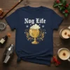 Nog Life t-shirt design featuring a golden goblet filled with creamy eggnog and snowflakes