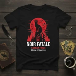 Black t-shirt featuring "NOIR FATALE CRIMSON FANGS MOONLIT HUNTRESS" text with a black cat and red moon graphic