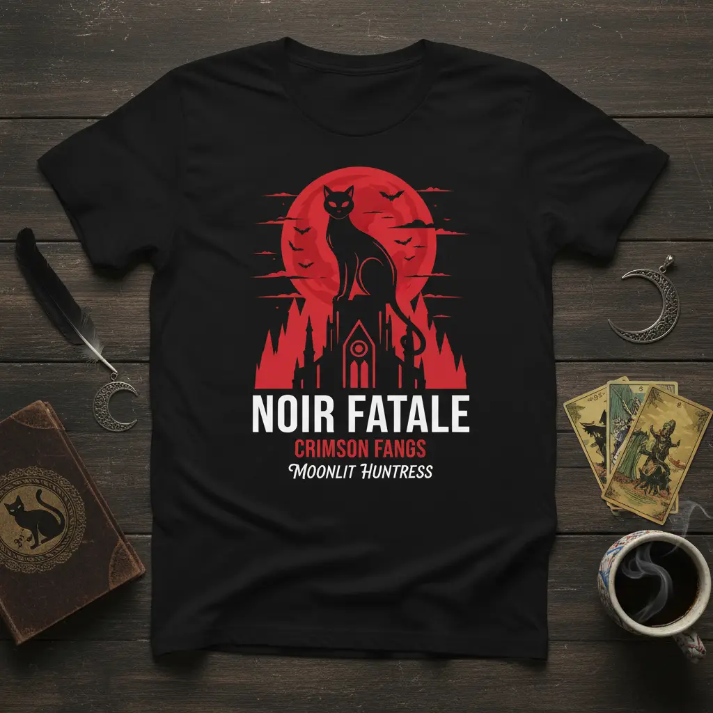 Noir Fatale Crimson Fangs Moonlit Huntress T-Shirt