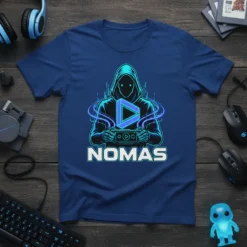 NOMAS text with hooded figure holding play button and game controller on a blue t-shirt