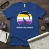 Nonbinary Sky Guardian t-shirt design with a wolf silhouette, moon, and nonbinary flag colors