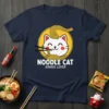 Noodle Cat Ramen Lover t-shirt design featuring a white cat with chopsticks eating noodles within a yellow circle