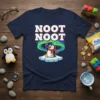 Noot Noot t-shirt with a cute cartoon penguin standing on ice under the aurora borealis