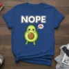 Nope Avocado T-Shirt with cute avocado character covering eyes and thought bubble with crossed-out bicycle