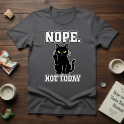 Nope Not Today black cat giving middle finger graphic tee with text