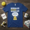 Normalize Booing In The Workplace funny t-shirt with cartoon crowd booing from a podium