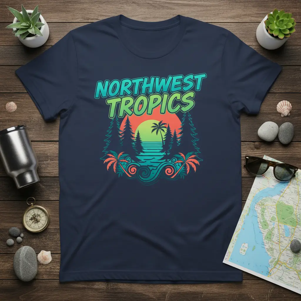 Vibrant Northwest Tropics graphic tee featuring a retro sunset over an ocean beach scene with palm trees