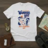 White t-shirt with blue and orange text: "NOT EVERYONE WHO WANDERS IS LOST ...BUT I PROBABLY AM!", featuring a mountain