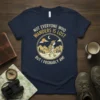 Navy blue t-shirt with "Not Everyone Who Wanders Is Lost But I Probably Am!" quote and hiker graphic