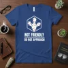 White text "NOT FRIENDLY DO NOT APPROACH" and a graphic of a spiky cactus on a blue t-shirt