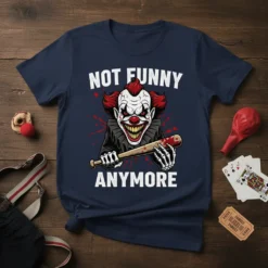 Scary clown with baseball bat graphic saying "Not Funny Anymore" on a navy t-shirt