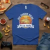 Not Gender Roles Pizza Rolls retro graphic tee with pizza rolls illustration on a blue t-shirt