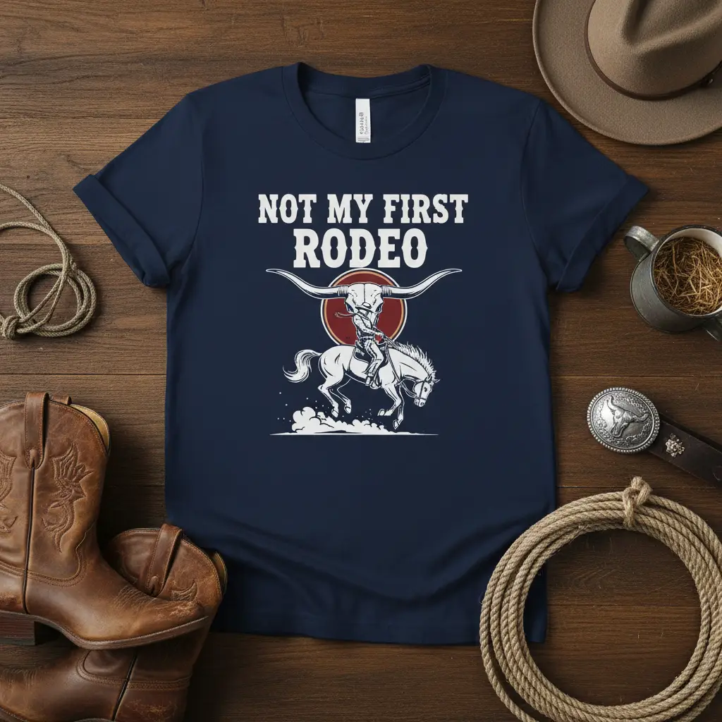 Not My First Rodeo quote and cowboy graphic on a navy blue t-shirt