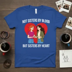 Not Sisters By Blood But Sisters By Heart quote on a blue t-shirt with two women holding hands in front