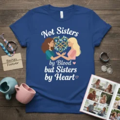 Not Sisters by Blood but Sisters by Heart t-shirt design featuring two women embracing a floral heart graphic