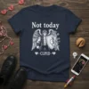 Not today CUPID t-shirt with a winged warrior deflecting arrows, white graphic on navy fabric